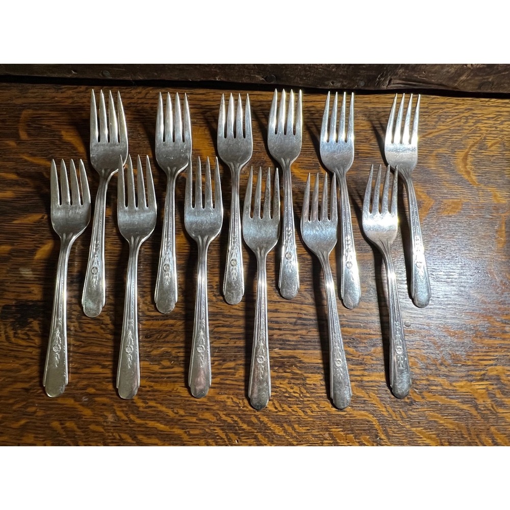 Vintage Crosby Silver Plate Forks Set of 12 Floral Pattern Art Deco Flatware 6in